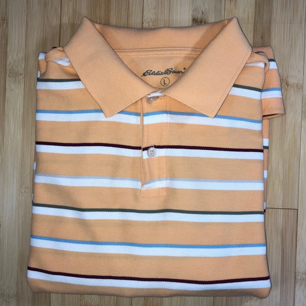 Eddie Bauer Polo Shirt Orange Striped Size Large - Picture 2 of 6